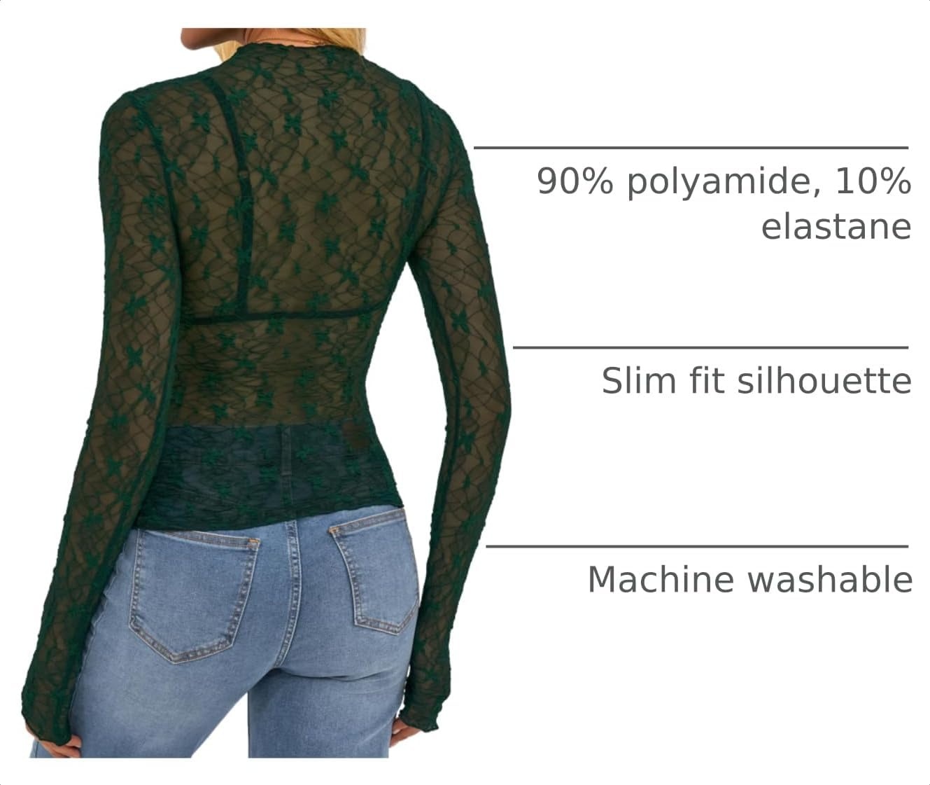 image:imageBTFBM Mesh Lace Long Sleeve Tops for Women 2026 Fall Shirts Sexy Sheer TopsDark Green