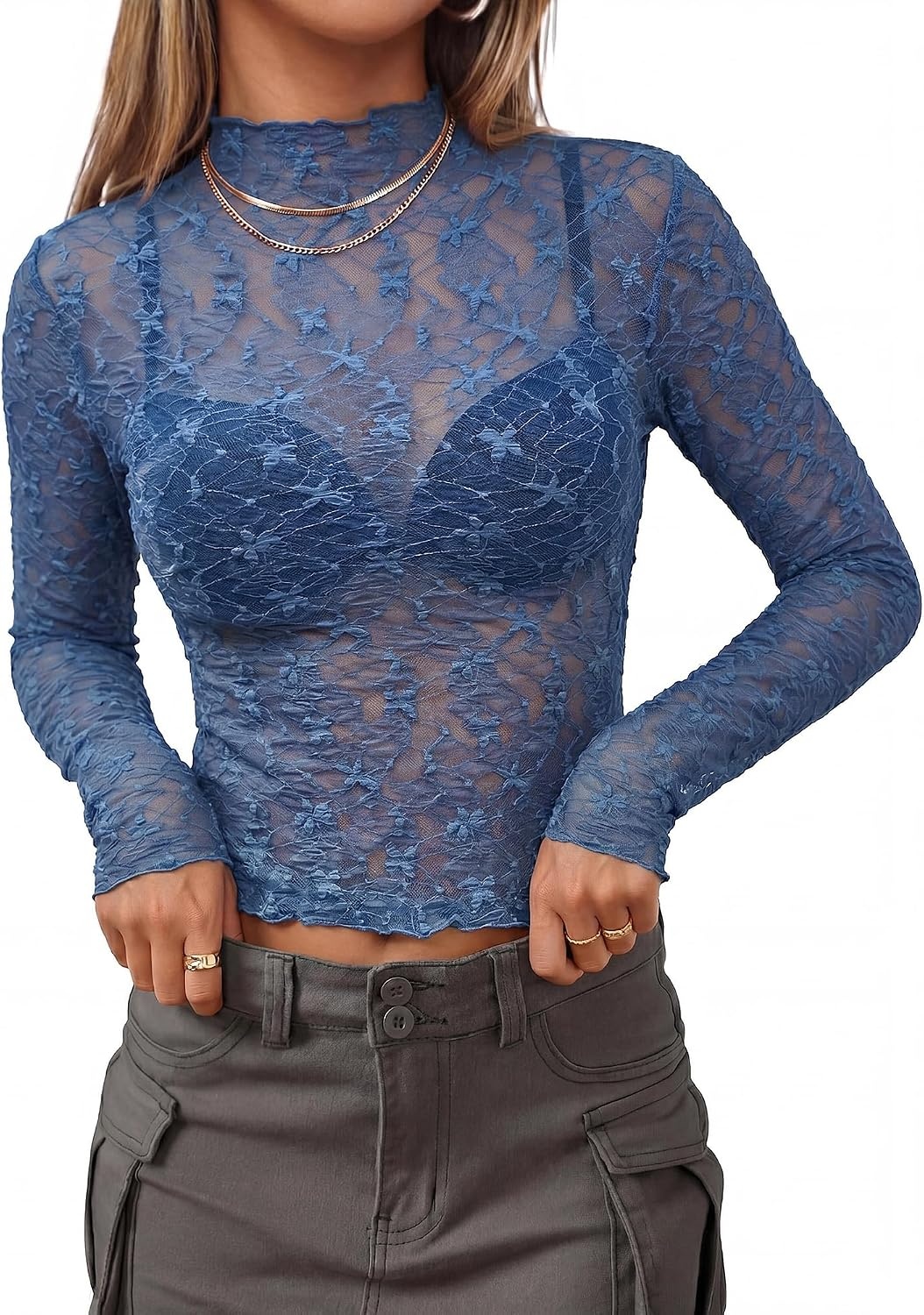 image:imageBTFBM Mesh Lace Long Sleeve Tops for Women 2026 Fall Shirts Sexy Sheer TopsGrey Blue