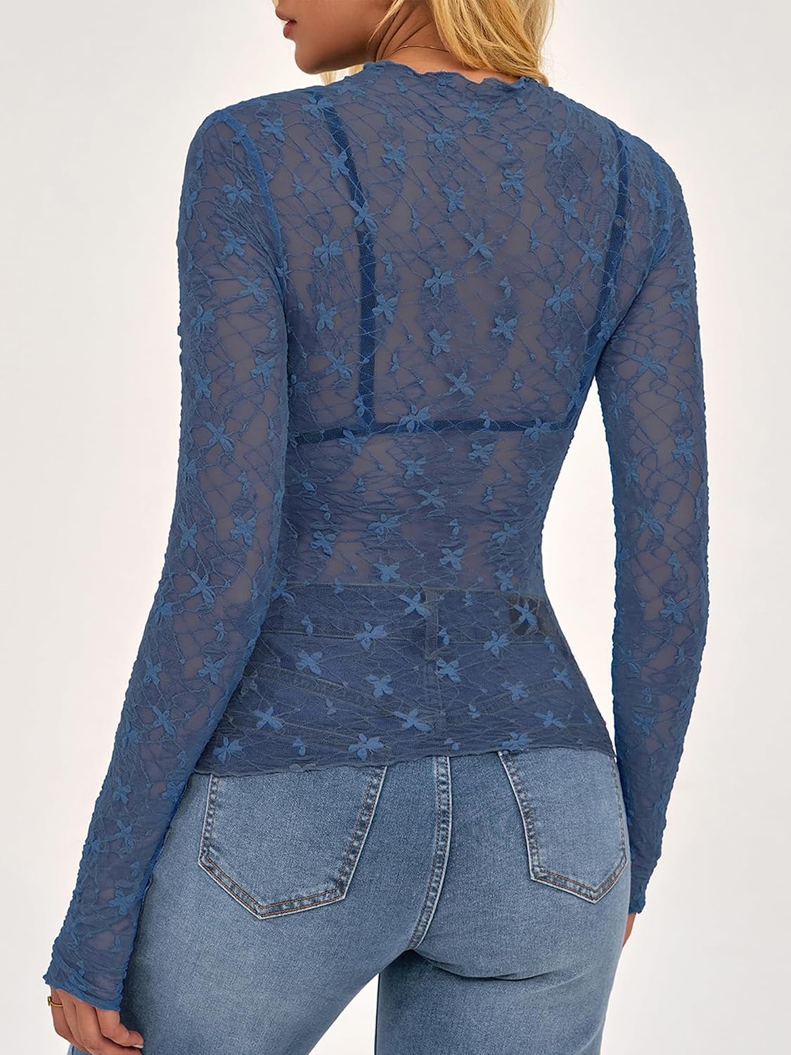 image:imageBTFBM Mesh Lace Long Sleeve Tops for Women 2026 Fall Shirts Sexy Sheer TopsGrey Blue