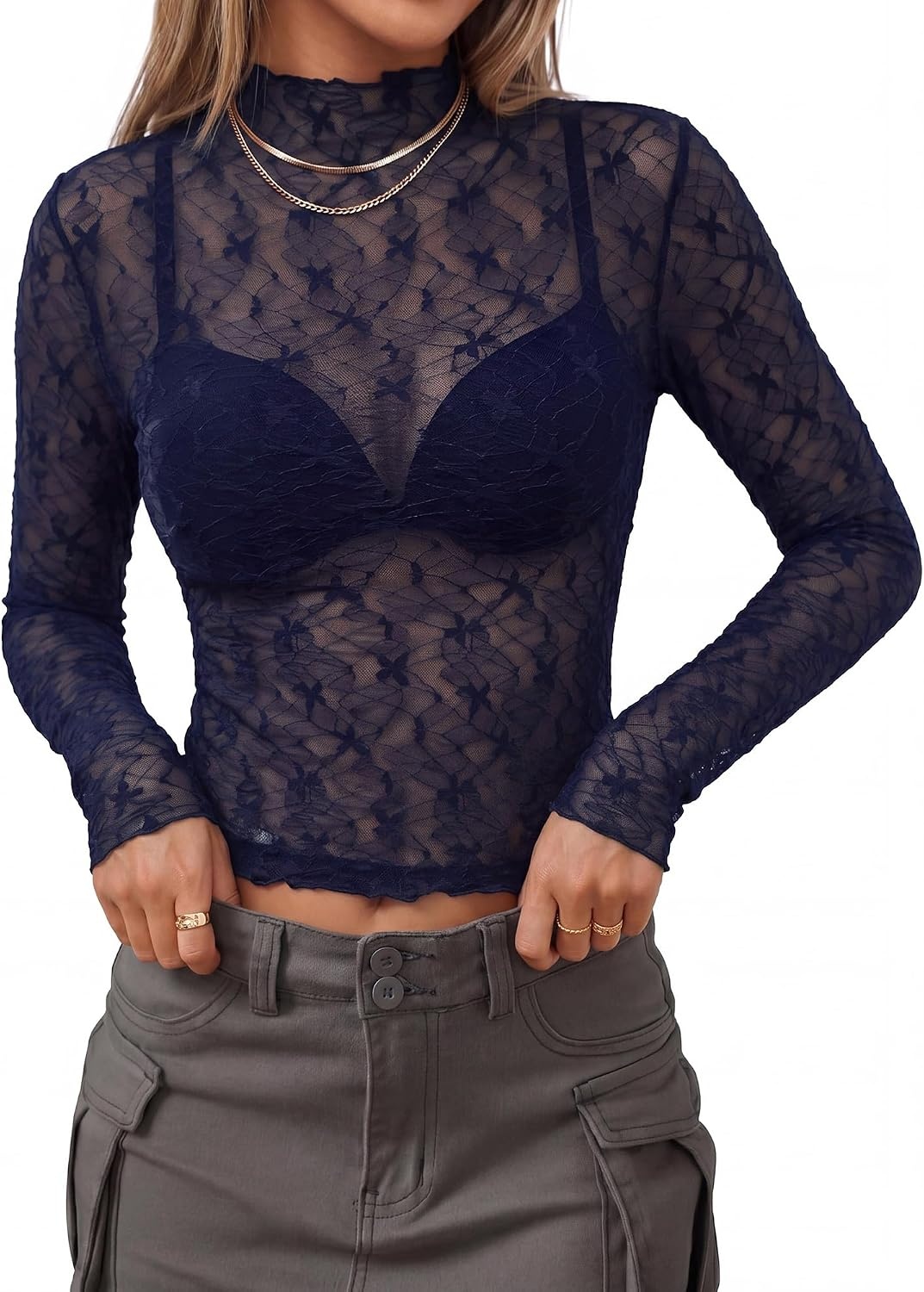 image:imageBTFBM Mesh Lace Long Sleeve Tops for Women 2026 Fall Shirts Sexy Sheer TopsNavy Blue