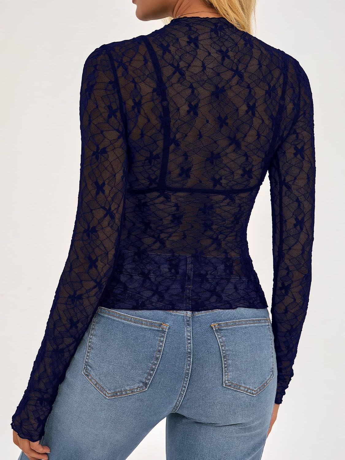 image:imageBTFBM Mesh Lace Long Sleeve Tops for Women 2026 Fall Shirts Sexy Sheer TopsNavy Blue