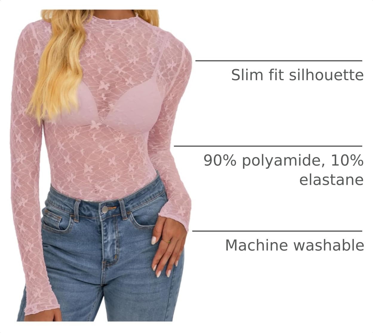 image:imageBTFBM Mesh Lace Long Sleeve Tops for Women 2026 Fall Shirts Sexy Sheer TopsPink