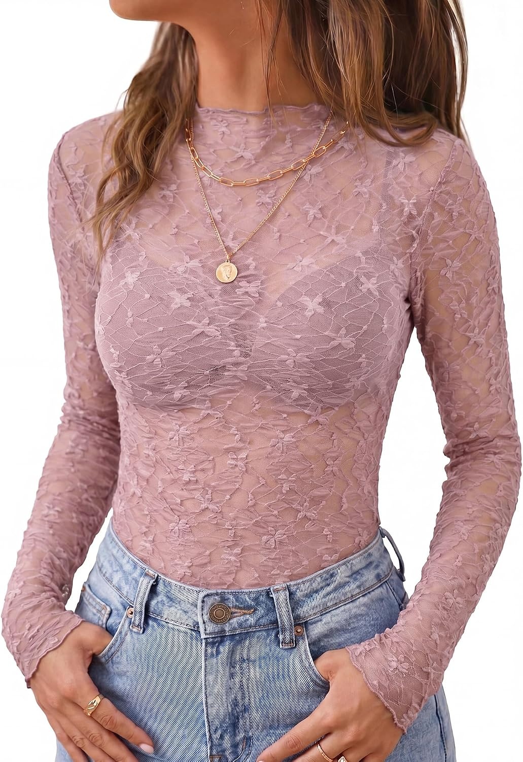 image:imageBTFBM Mesh Lace Long Sleeve Tops for Women 2026 Fall Shirts Sexy Sheer TopsPink