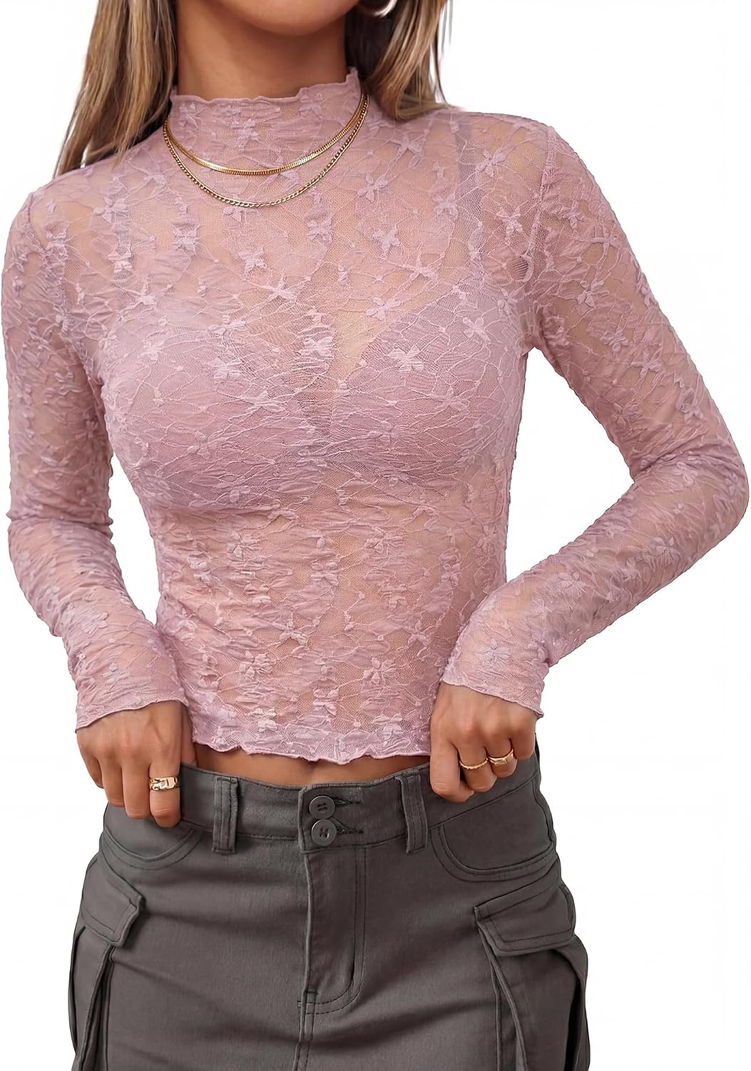 image:imageBTFBM Mesh Lace Long Sleeve Tops for Women 2026 Fall Shirts Sexy Sheer TopsPink