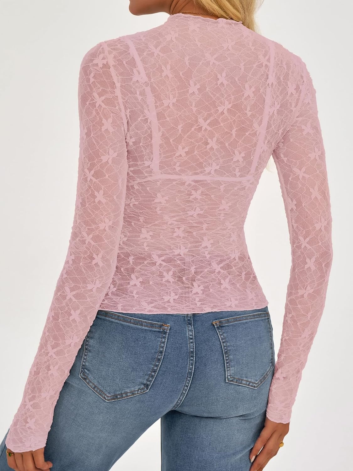 image:imageBTFBM Mesh Lace Long Sleeve Tops for Women 2026 Fall Shirts Sexy Sheer TopsPink