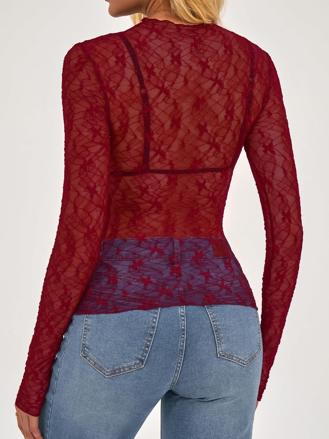 image:imageBTFBM Mesh Lace Long Sleeve Tops for Women 2026 Fall Shirts Sexy Sheer TopsRed