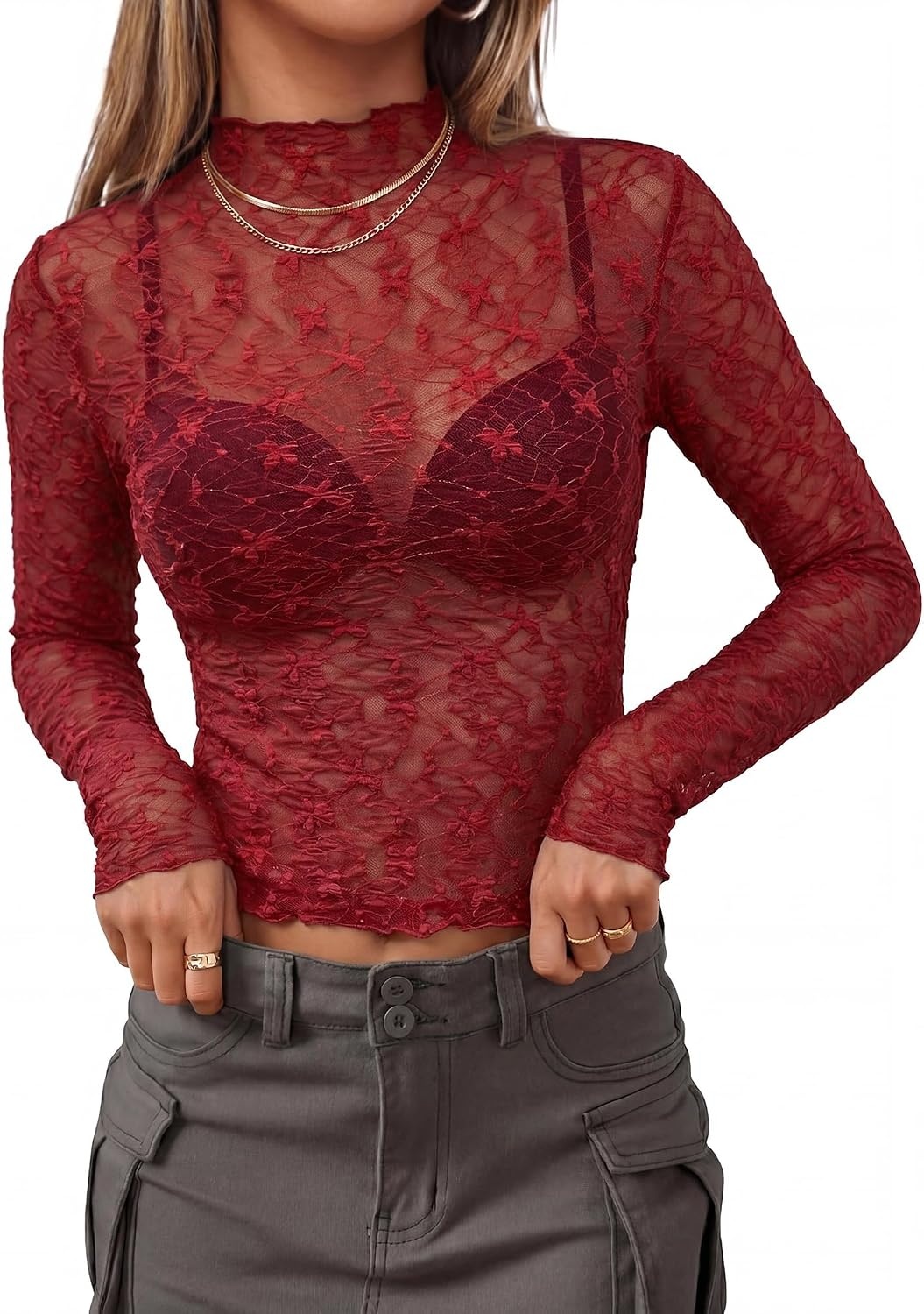image:imageBTFBM Mesh Lace Long Sleeve Tops for Women 2026 Fall Shirts Sexy Sheer TopsRed