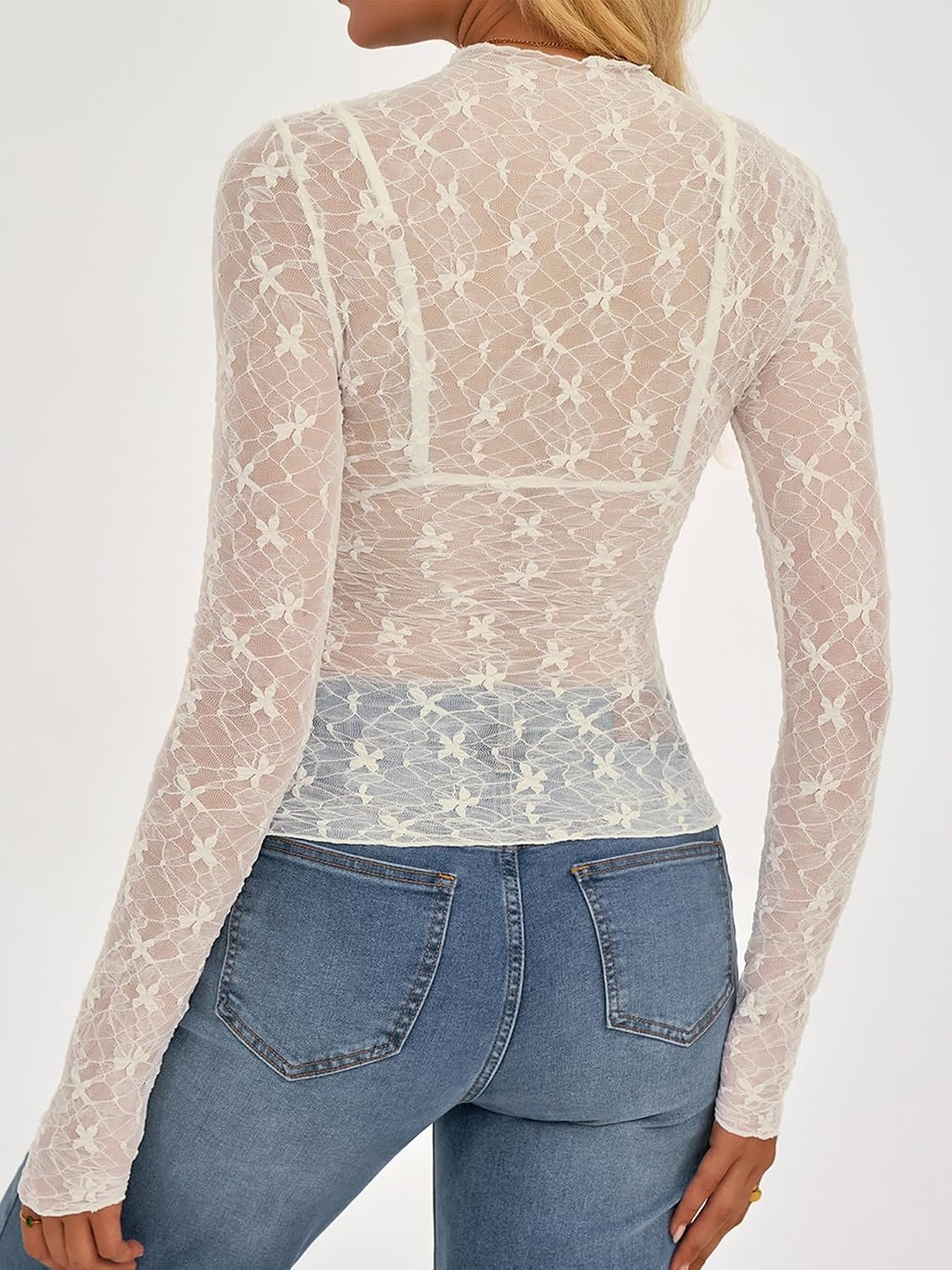 image:imageBTFBM Mesh Lace Long Sleeve Tops for Women 2026 Fall Shirts Sexy Sheer TopsWhite