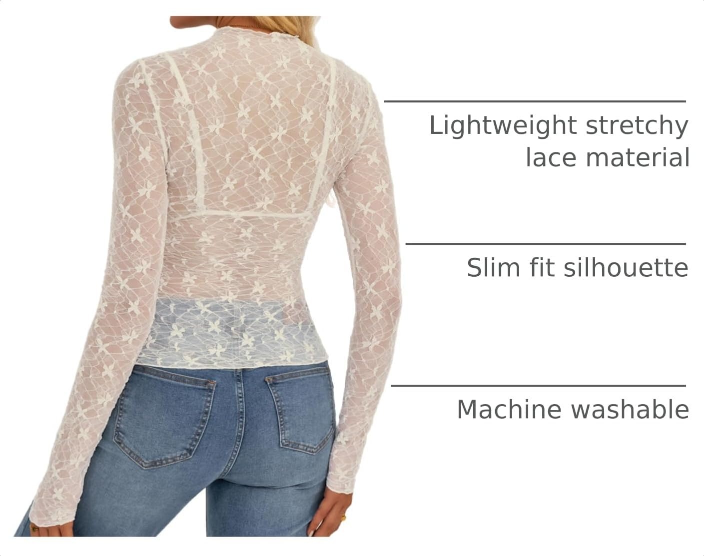 image:imageBTFBM Mesh Lace Long Sleeve Tops for Women 2026 Fall Shirts Sexy Sheer TopsWhite