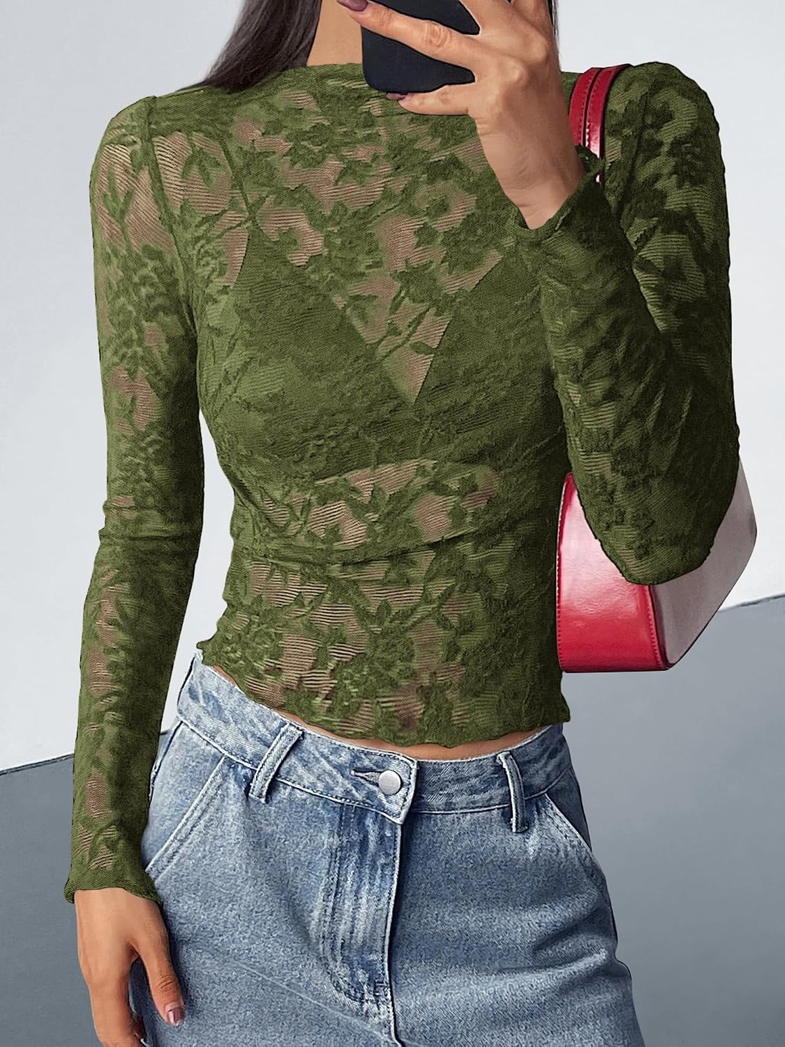 image:imageBTFBM Mesh Long Sleeve Tops for Women Sexy Lace SheerArmy Green