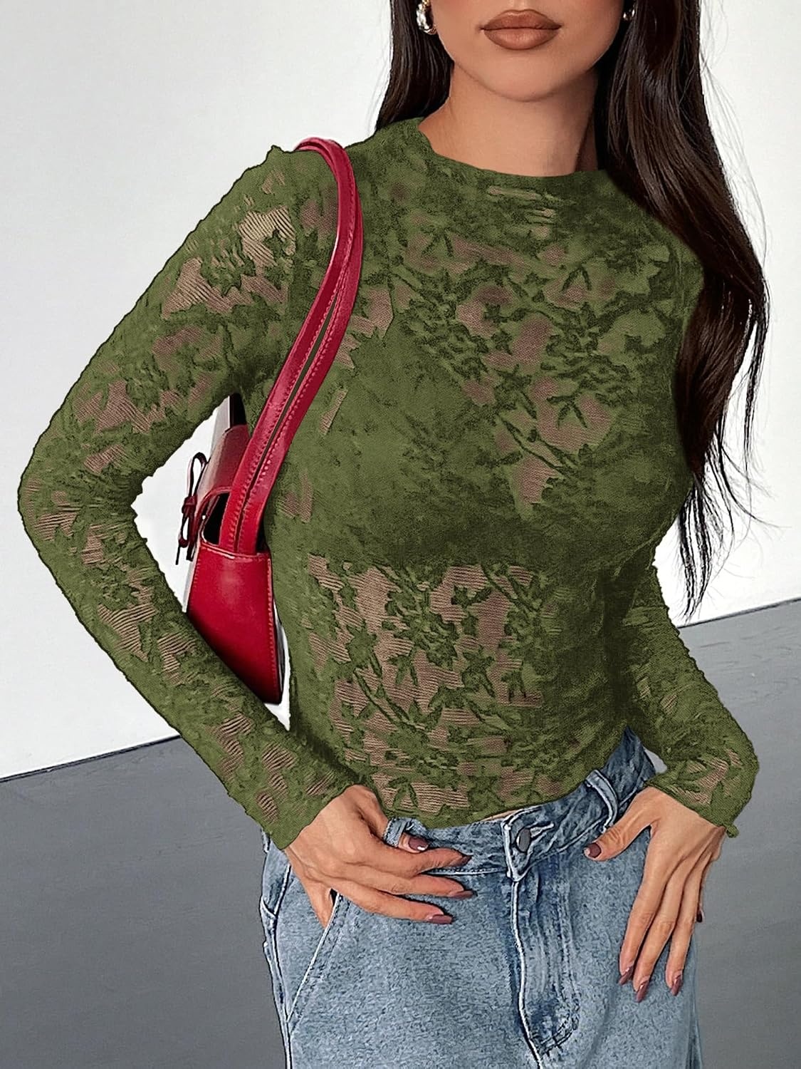 image:imageBTFBM Mesh Long Sleeve Tops for Women Sexy Lace SheerArmy Green