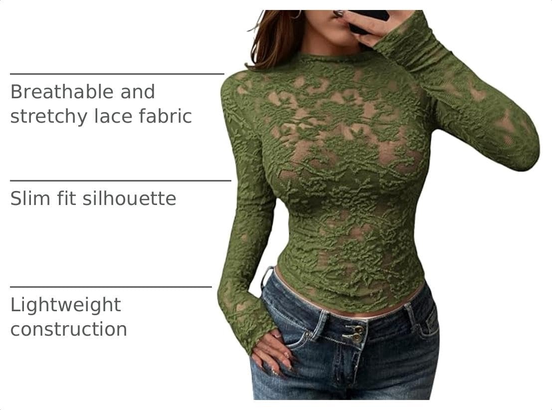 image:imageBTFBM Mesh Long Sleeve Tops for Women Sexy Lace SheerArmy Green