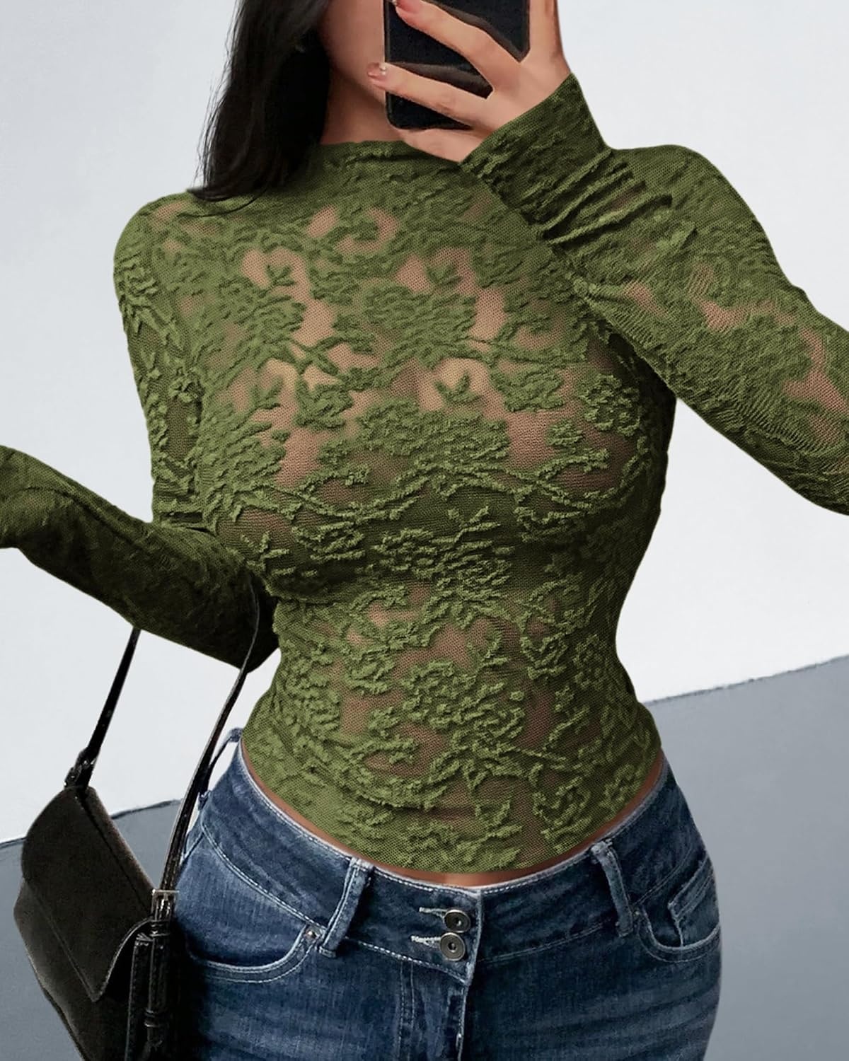 image:imageBTFBM Mesh Long Sleeve Tops for Women Sexy Lace SheerArmy Green