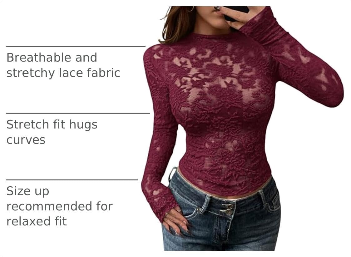 image:imageBTFBM Mesh Long Sleeve Tops for Women Sexy Lace SheerBurgundy