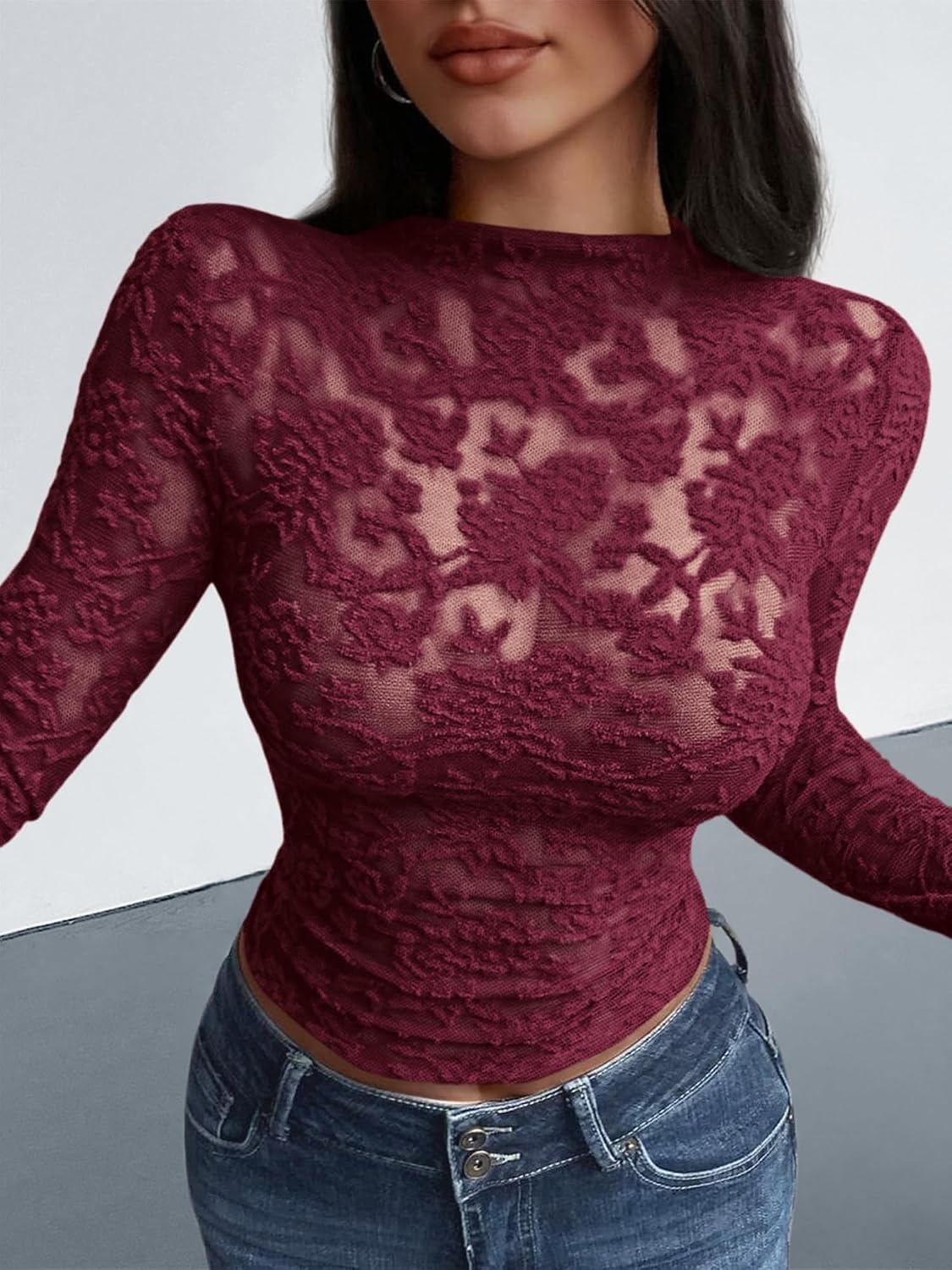 image:imageBTFBM Mesh Long Sleeve Tops for Women Sexy Lace SheerBurgundy
