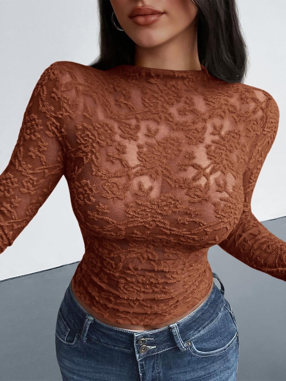 image:imageBTFBM Mesh Long Sleeve Tops for Women Sexy Lace SheerCaramel