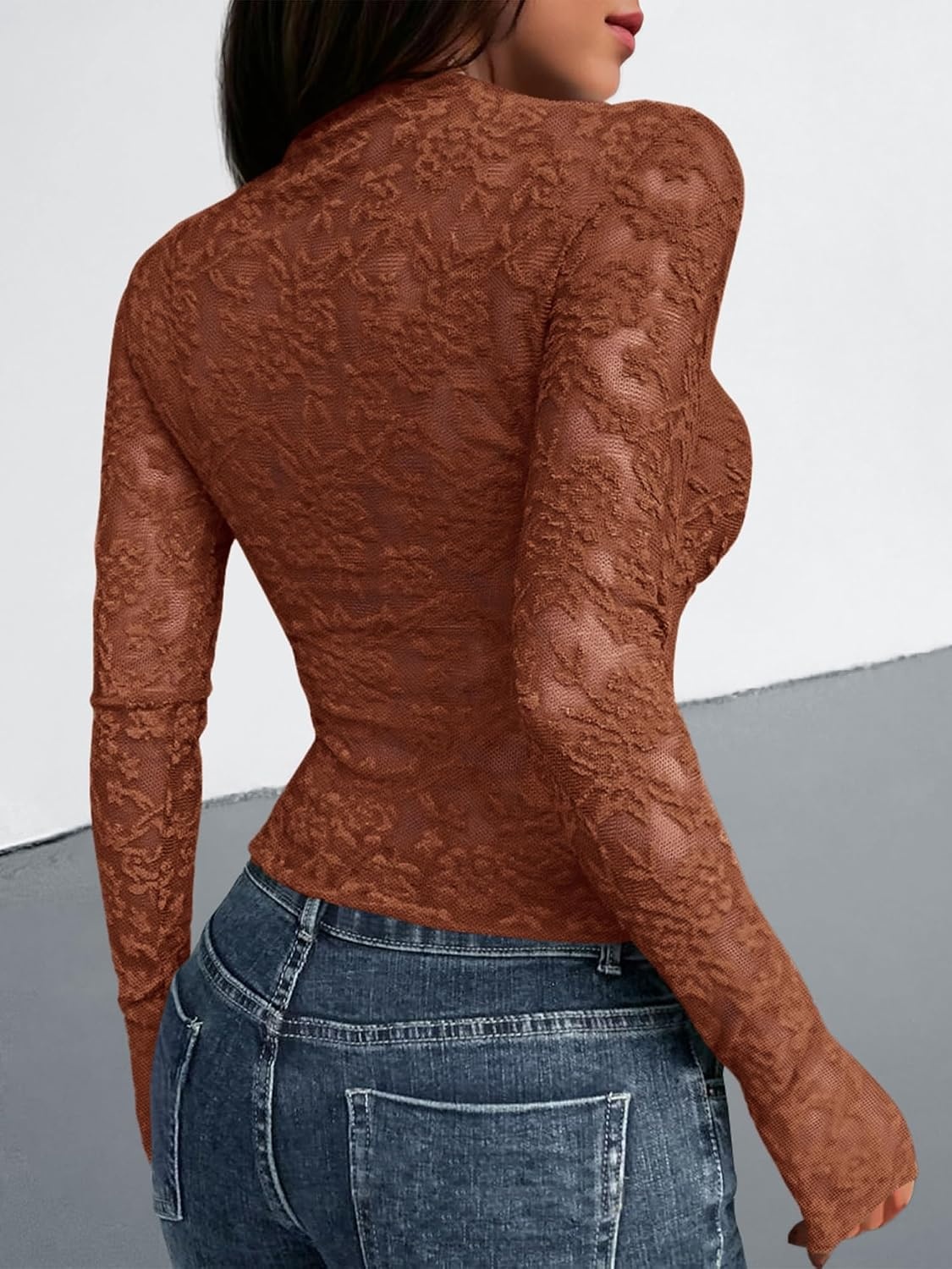 image:imageBTFBM Mesh Long Sleeve Tops for Women Sexy Lace SheerCaramel