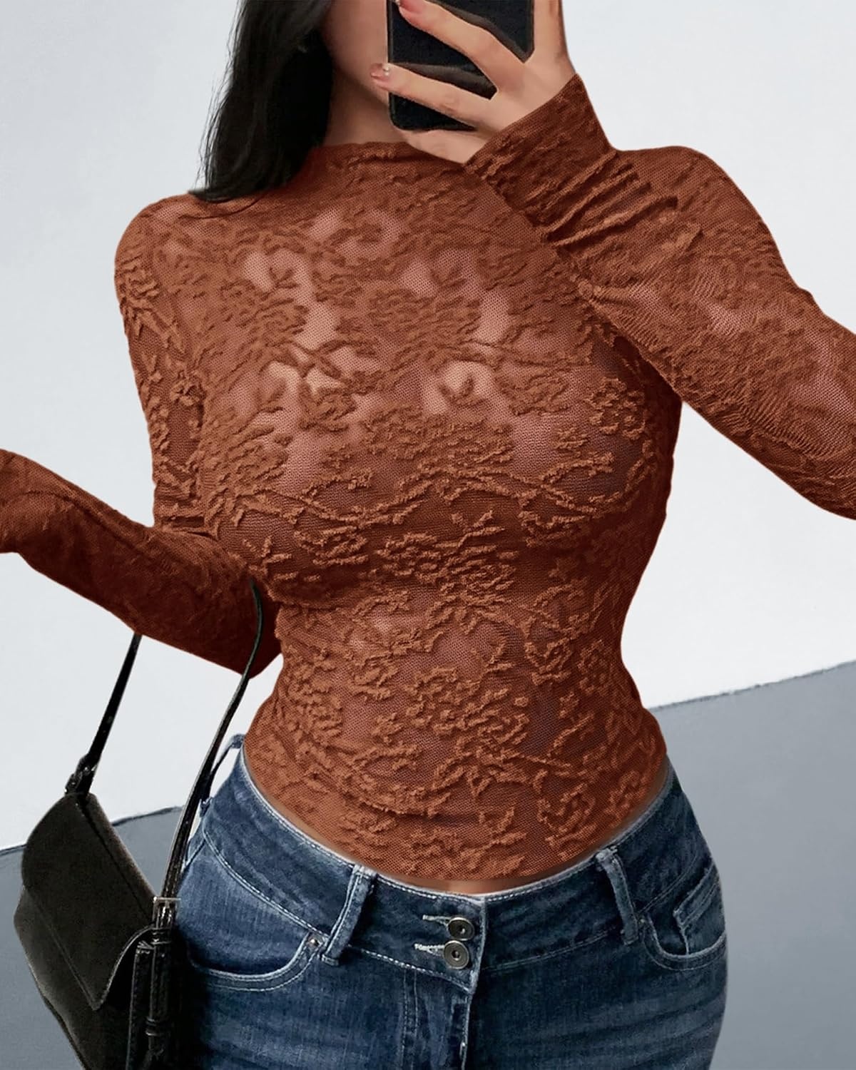 image:imageBTFBM Mesh Long Sleeve Tops for Women Sexy Lace SheerCaramel