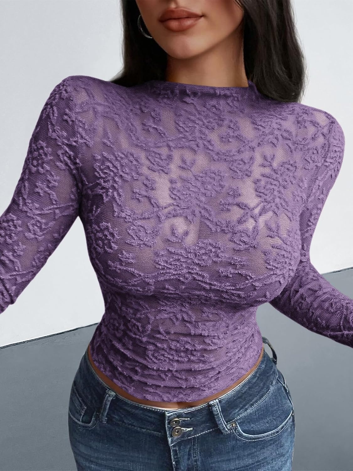 image:imageBTFBM Mesh Long Sleeve Tops for Women Sexy Lace SheerDusty Violet