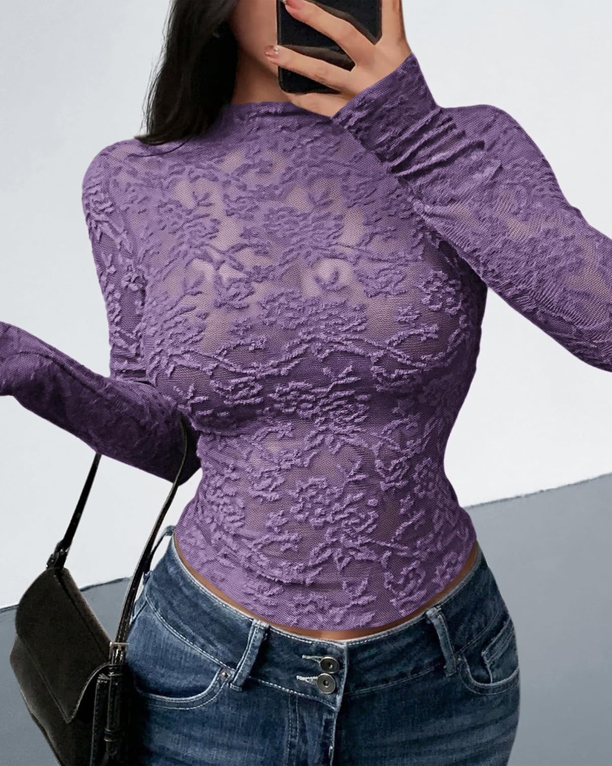 image:imageBTFBM Mesh Long Sleeve Tops for Women Sexy Lace SheerDusty Violet