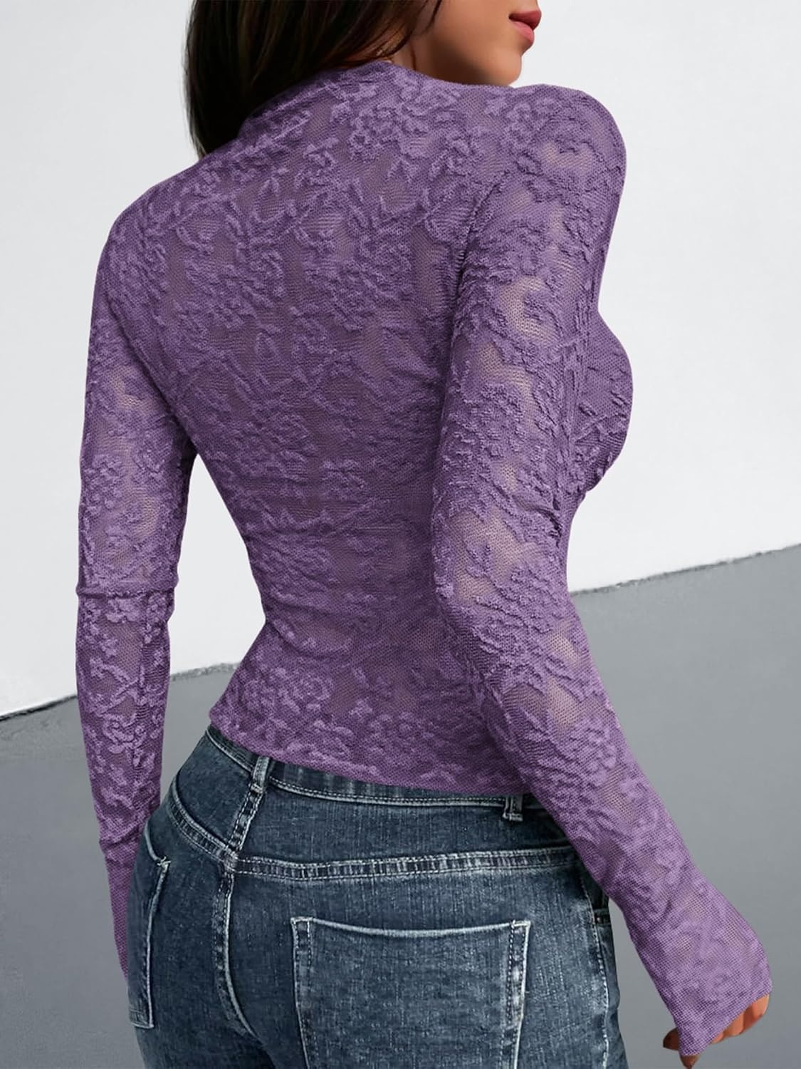 image:imageBTFBM Mesh Long Sleeve Tops for Women Sexy Lace SheerDusty Violet