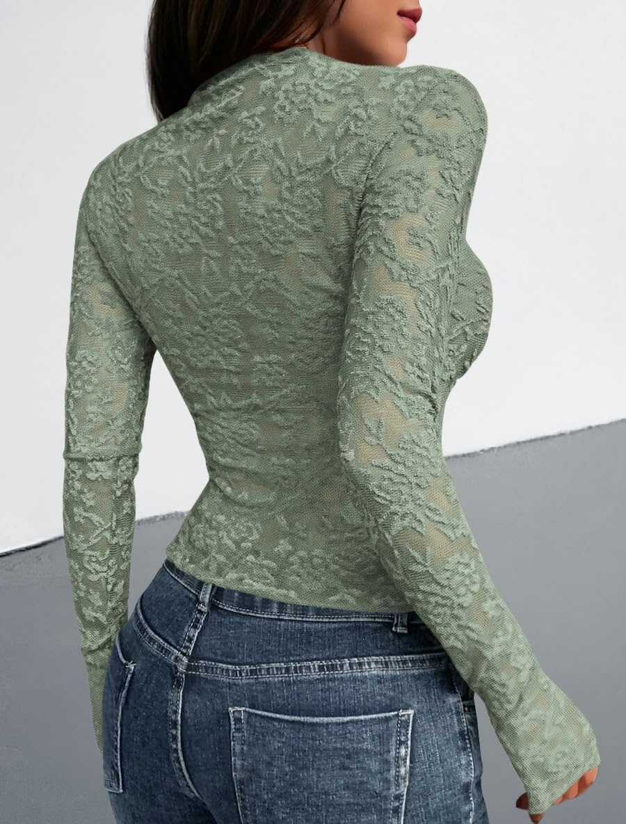 image:imageBTFBM Mesh Long Sleeve Tops for Women Sexy Lace SheerGreen