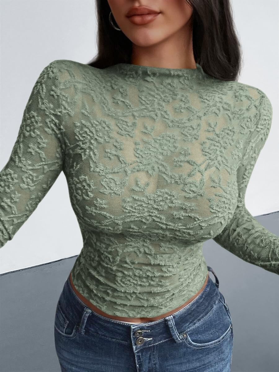 image:imageBTFBM Mesh Long Sleeve Tops for Women Sexy Lace SheerGreen