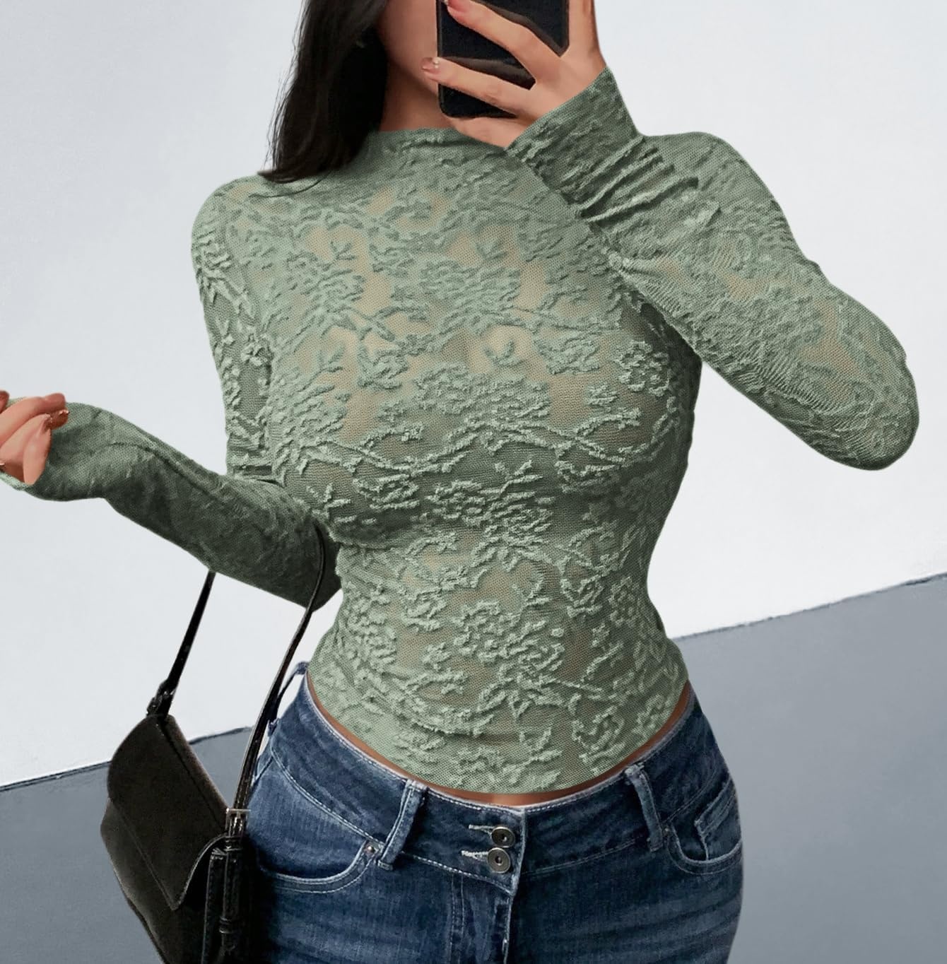 image:imageBTFBM Mesh Long Sleeve Tops for Women Sexy Lace SheerGreen