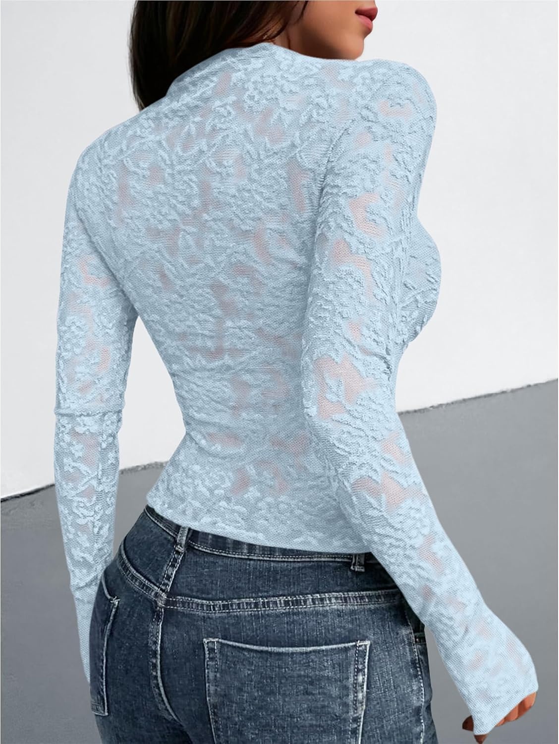 image:imageBTFBM Mesh Long Sleeve Tops for Women Sexy Lace SheerLight Blue