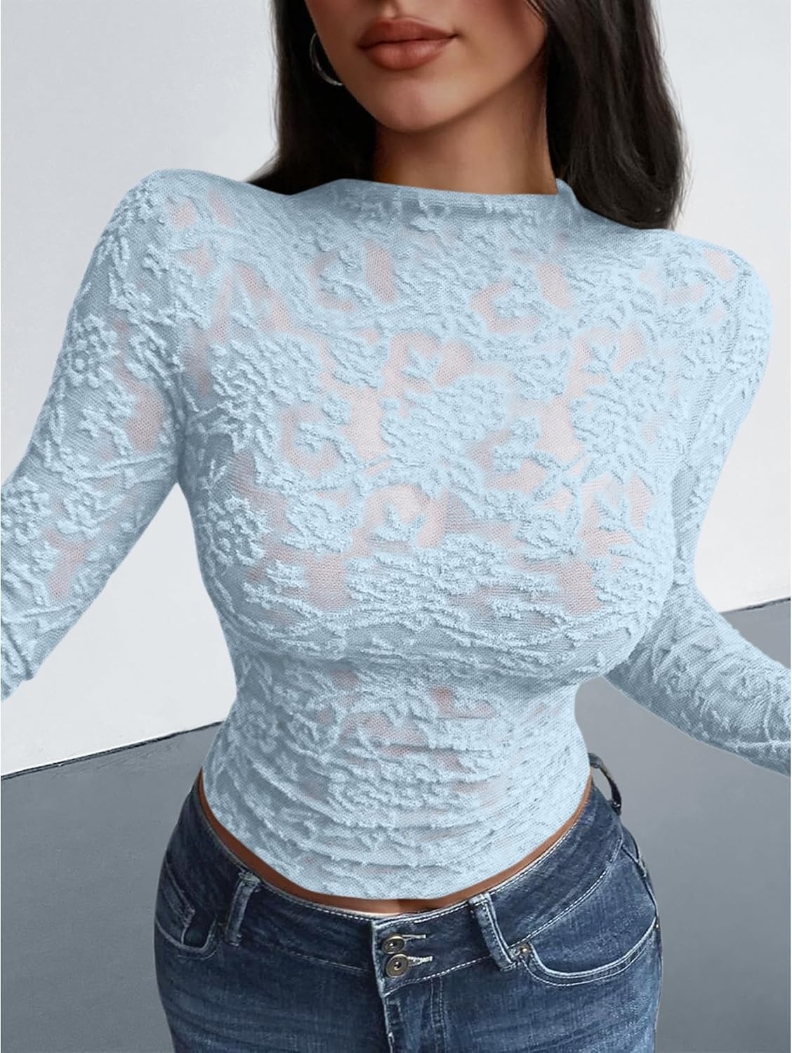 image:imageBTFBM Mesh Long Sleeve Tops for Women Sexy Lace SheerLight Blue