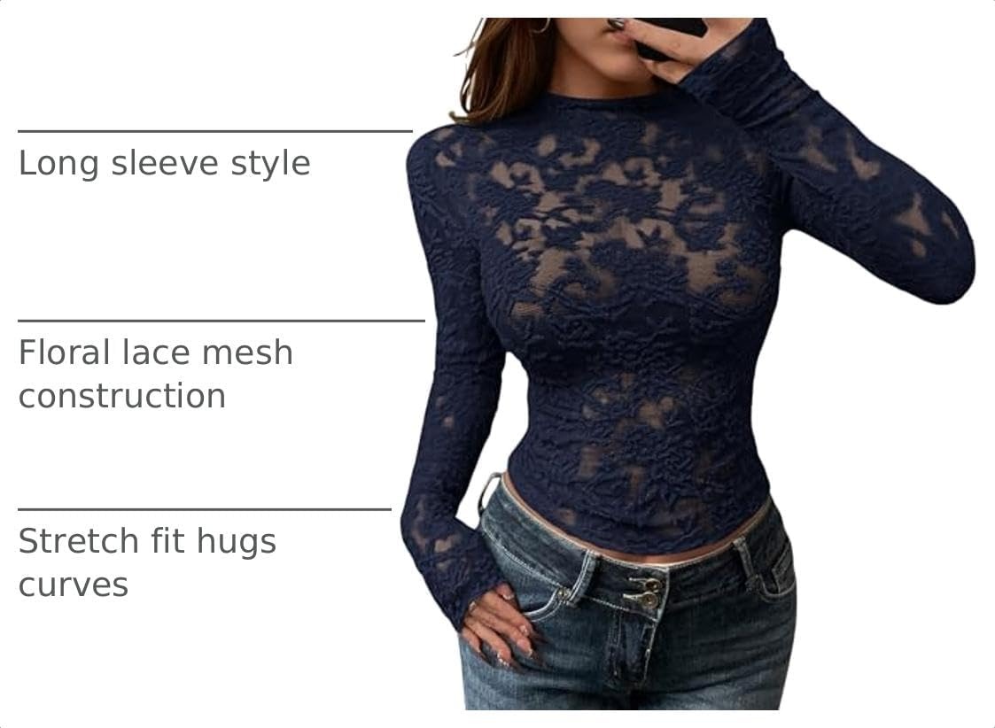 image:imageBTFBM Mesh Long Sleeve Tops for Women Sexy Lace SheerNavy Blue