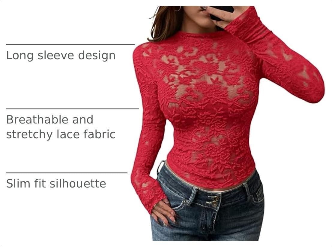 image:imageBTFBM Mesh Long Sleeve Tops for Women Sexy Lace SheerRed