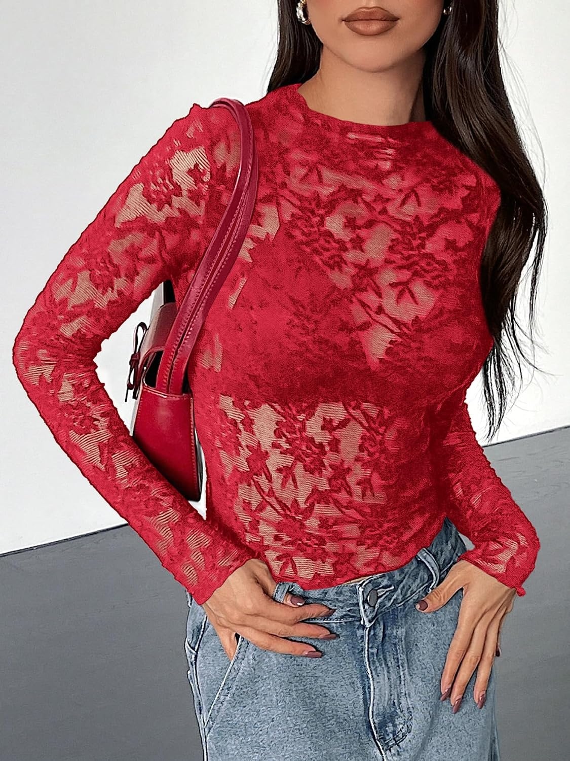 image:imageBTFBM Mesh Long Sleeve Tops for Women Sexy Lace SheerRed