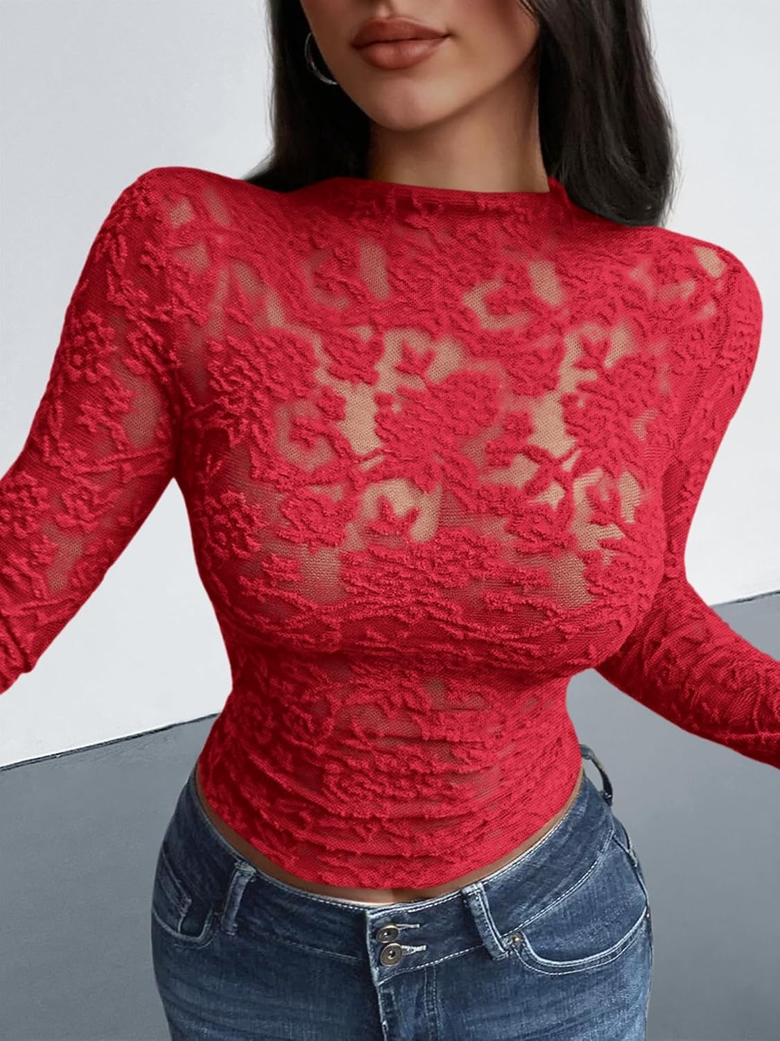image:imageBTFBM Mesh Long Sleeve Tops for Women Sexy Lace SheerRed