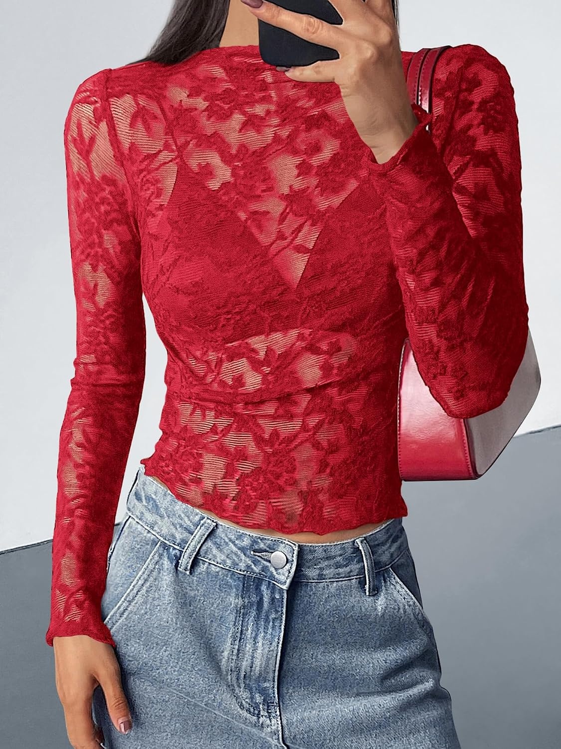 image:imageBTFBM Mesh Long Sleeve Tops for Women Sexy Lace SheerRed