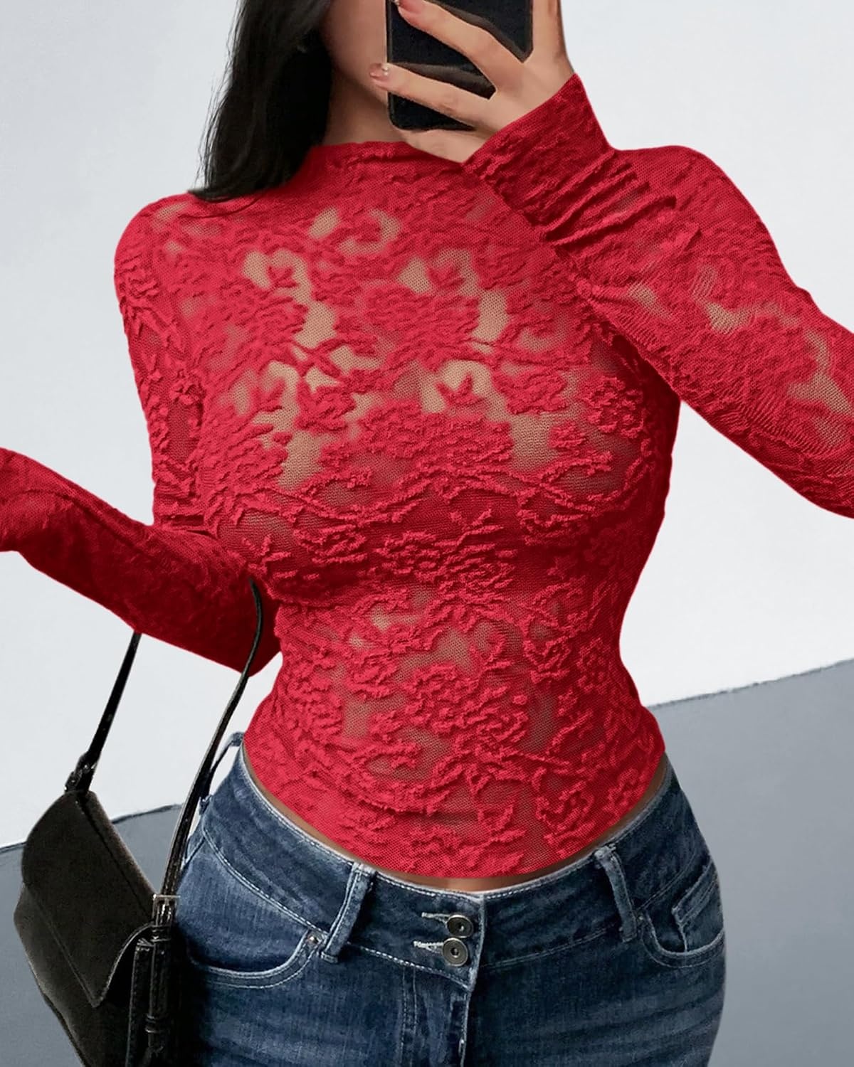 image:imageBTFBM Mesh Long Sleeve Tops for Women Sexy Lace SheerRed
