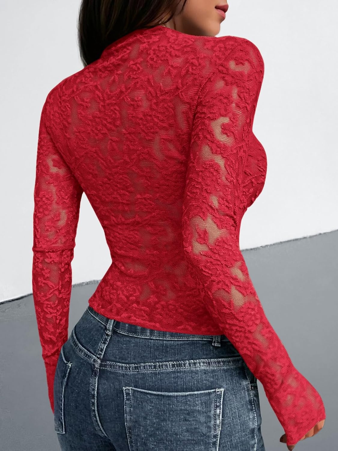 image:imageBTFBM Mesh Long Sleeve Tops for Women Sexy Lace SheerRed