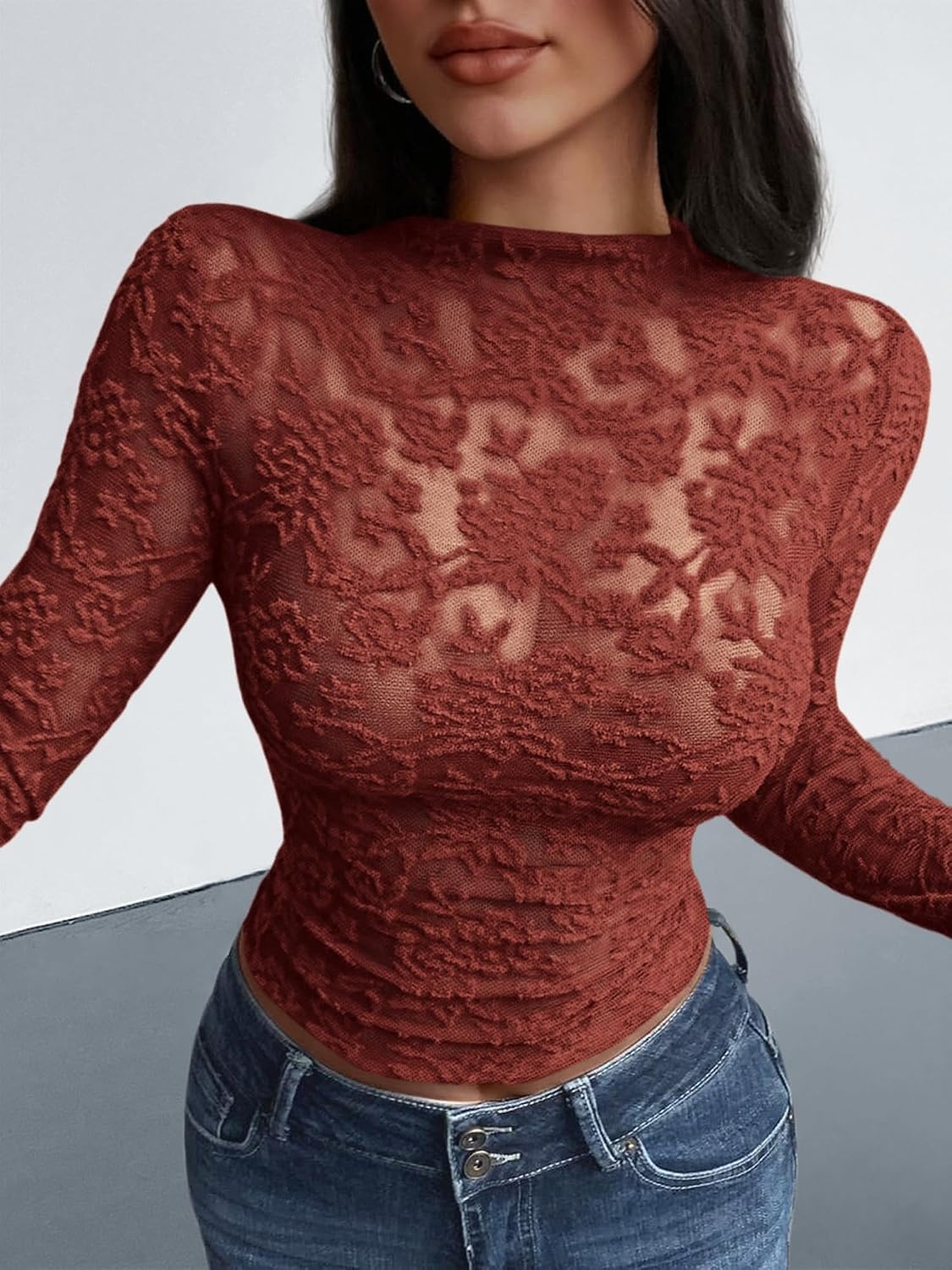 image:imageBTFBM Mesh Long Sleeve Tops for Women Sexy Lace SheerRed Brown