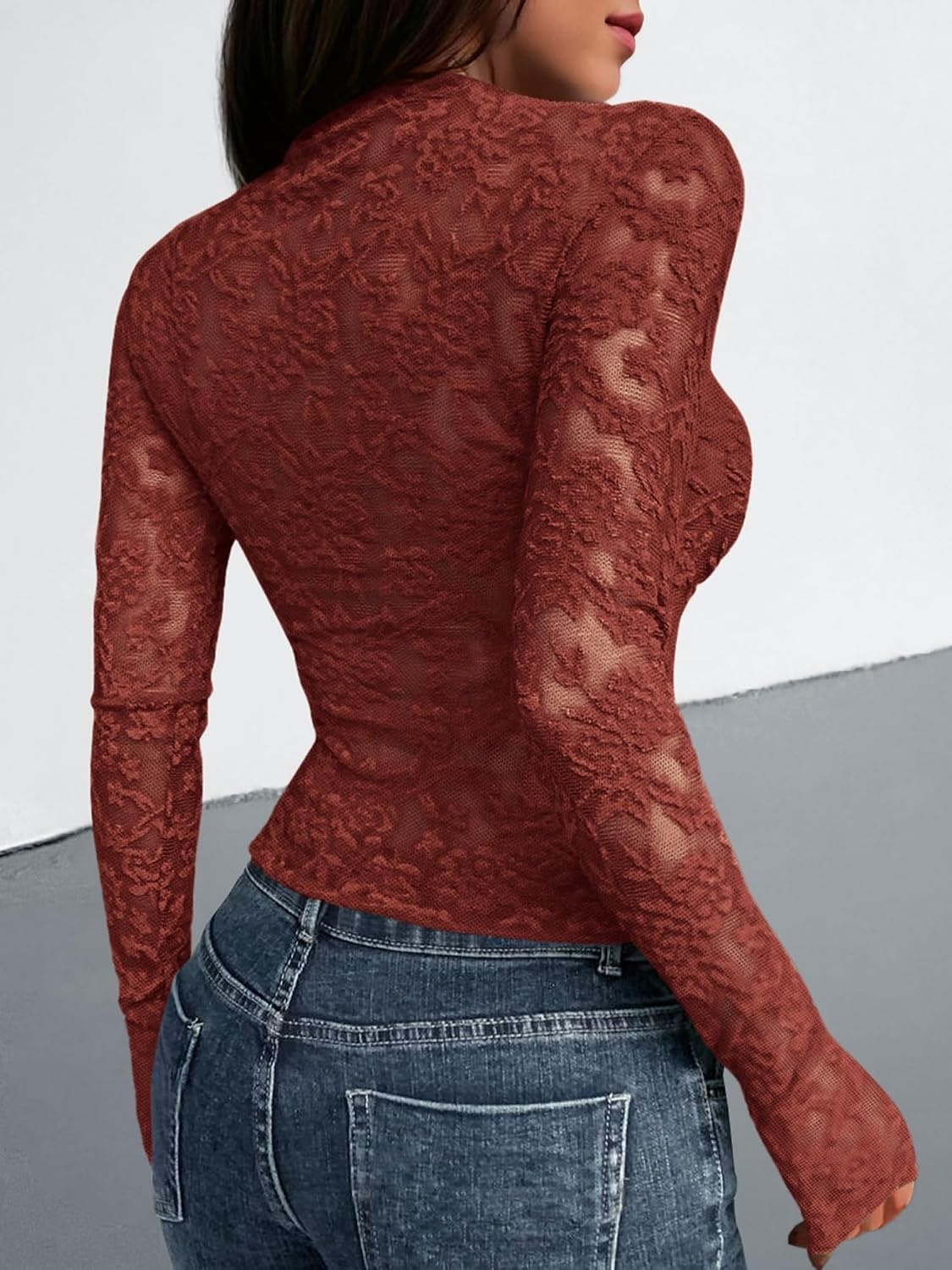 image:imageBTFBM Mesh Long Sleeve Tops for Women Sexy Lace SheerRed Brown