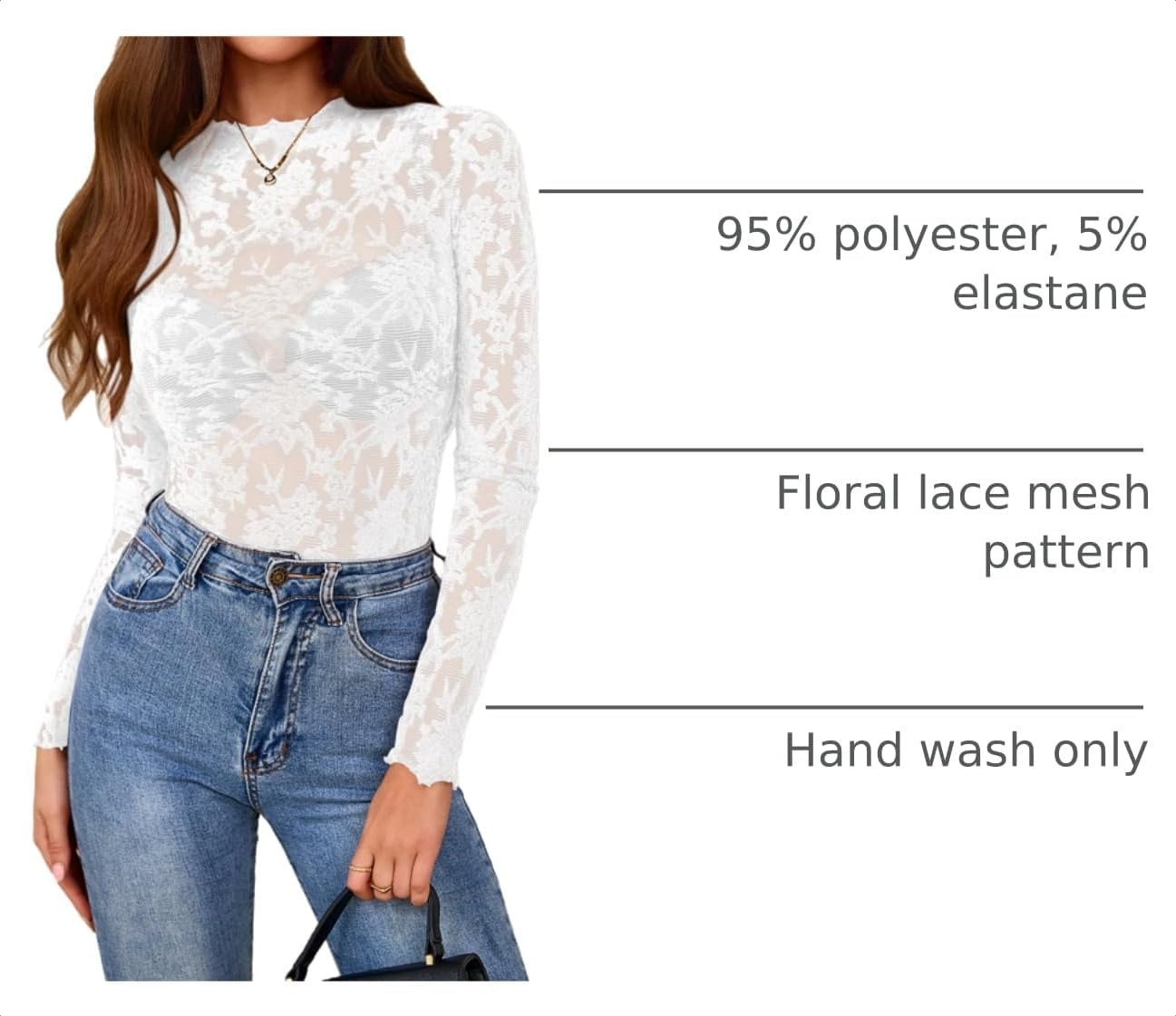image:imageBTFBM Mesh Long Sleeve Tops for Women Sexy Lace SheerWhite