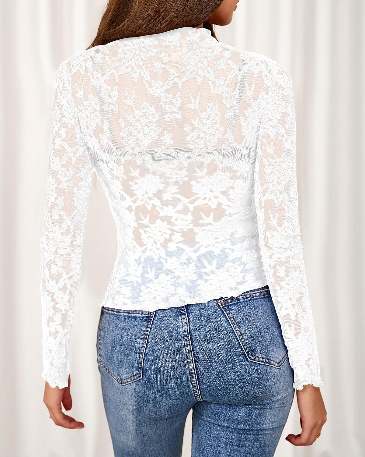 image:imageBTFBM Mesh Long Sleeve Tops for Women Sexy Lace SheerWhite