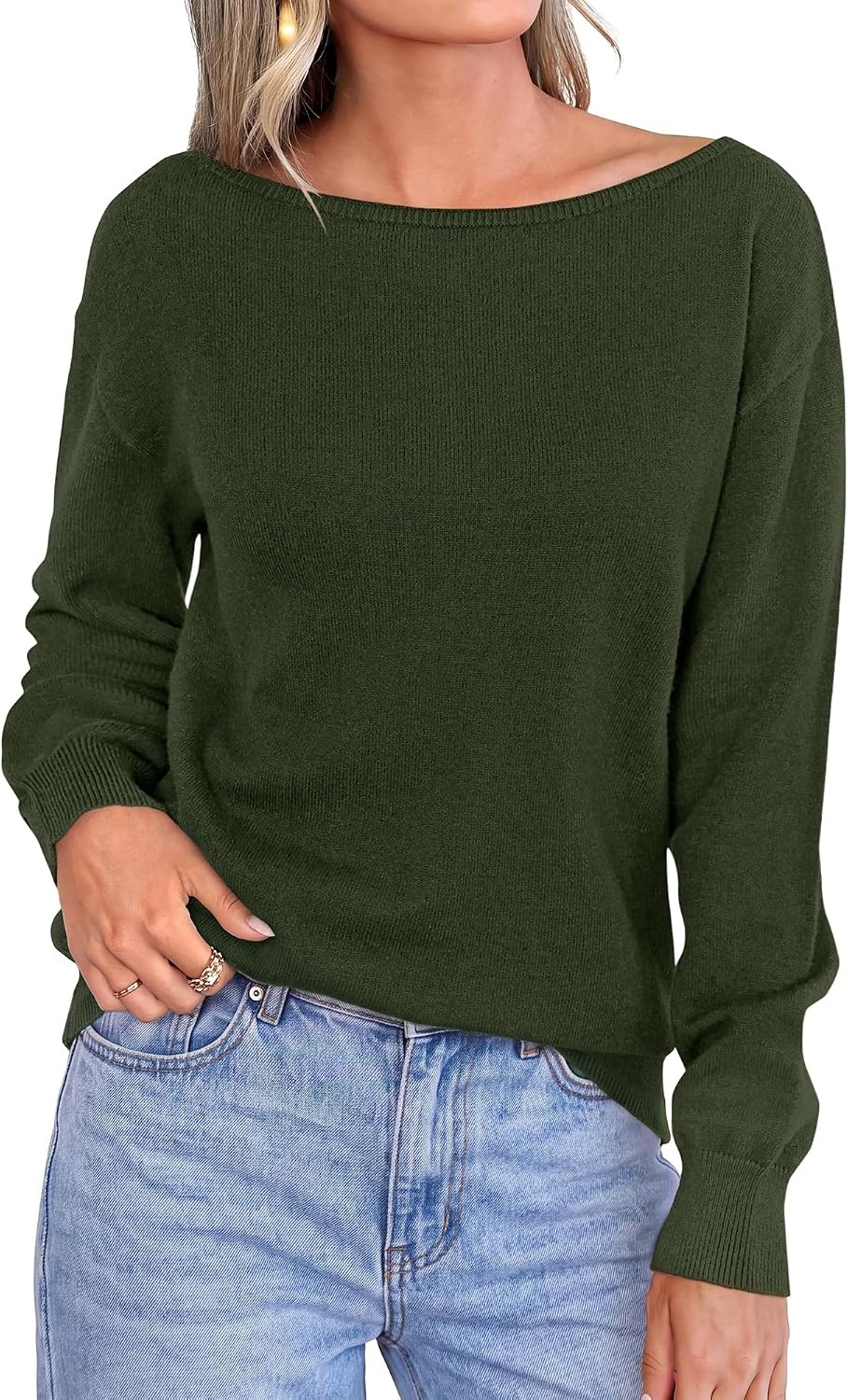 image:imageBTFBM Off The Shoulder Sweater Lightweight Going Out TopArmy Green