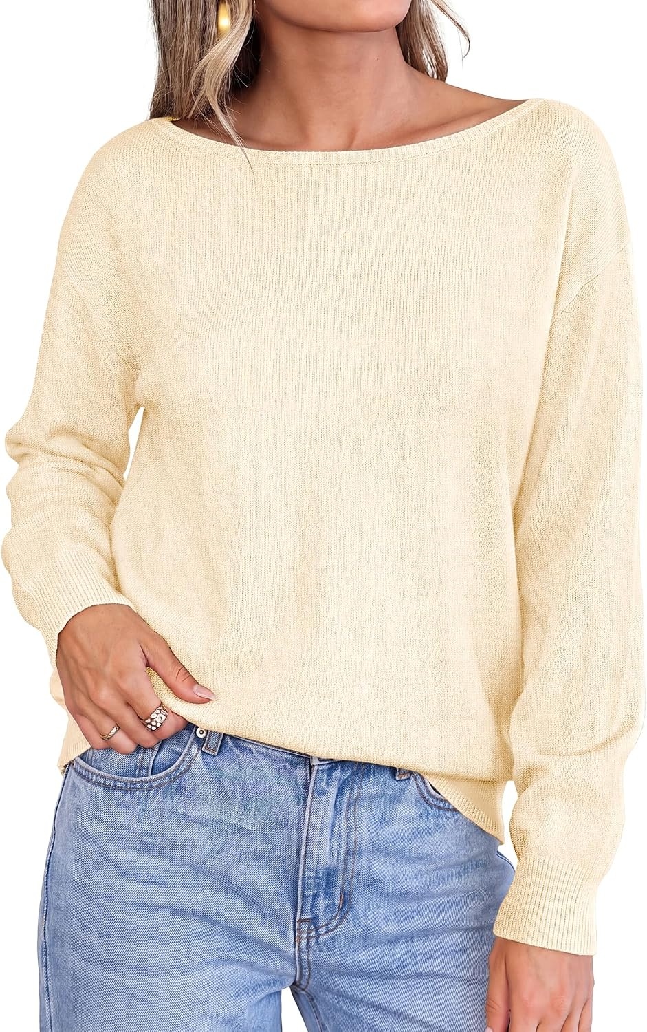 image:imageBTFBM Off The Shoulder Sweater Lightweight Going Out TopBeige