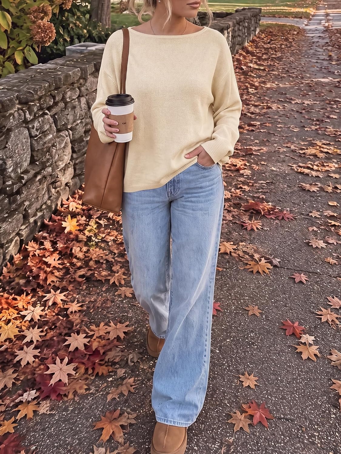 image:imageBTFBM Off The Shoulder Sweater Lightweight Going Out TopBeige