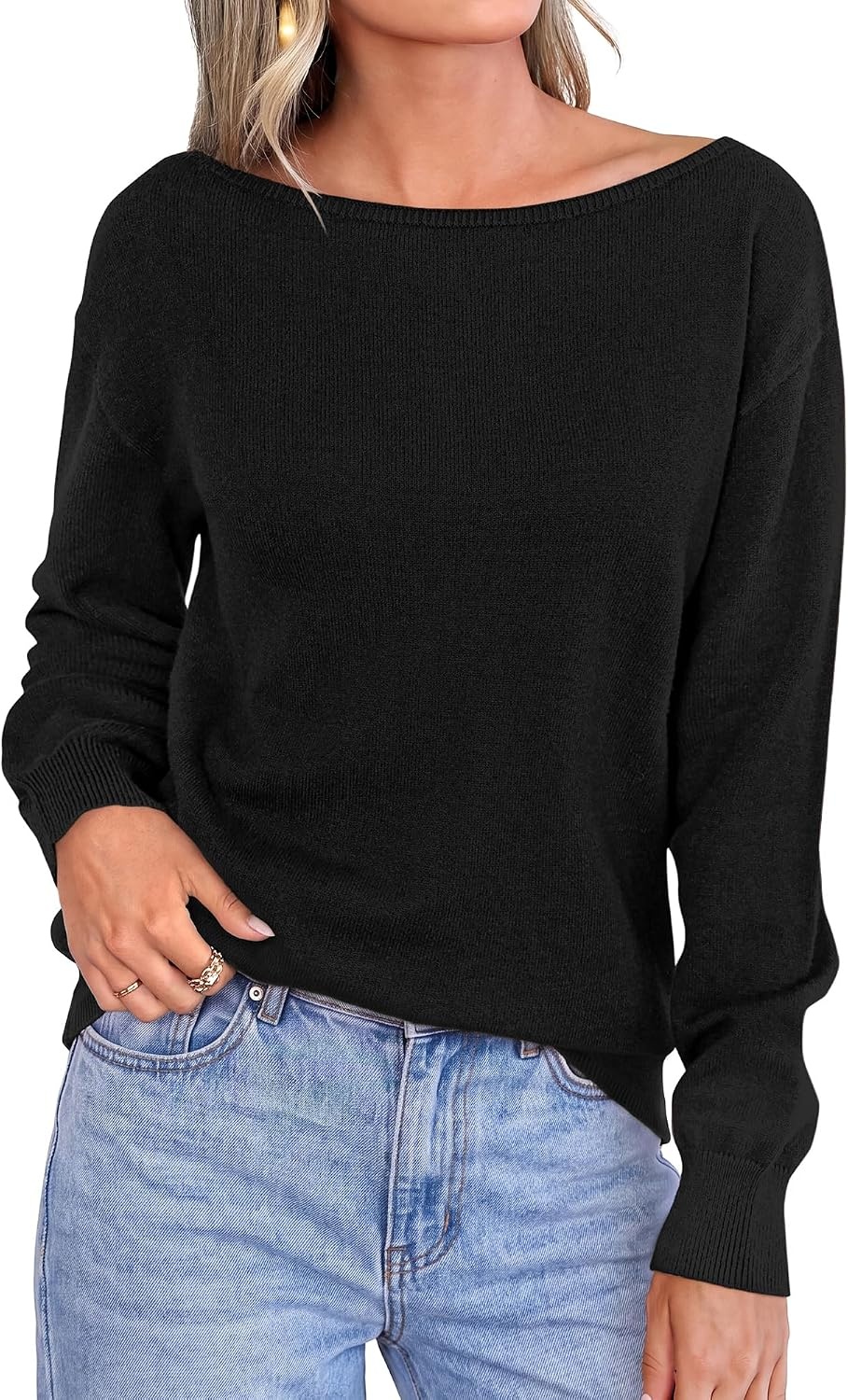 image:imageBTFBM Off The Shoulder Sweater Lightweight Going Out TopBlack
