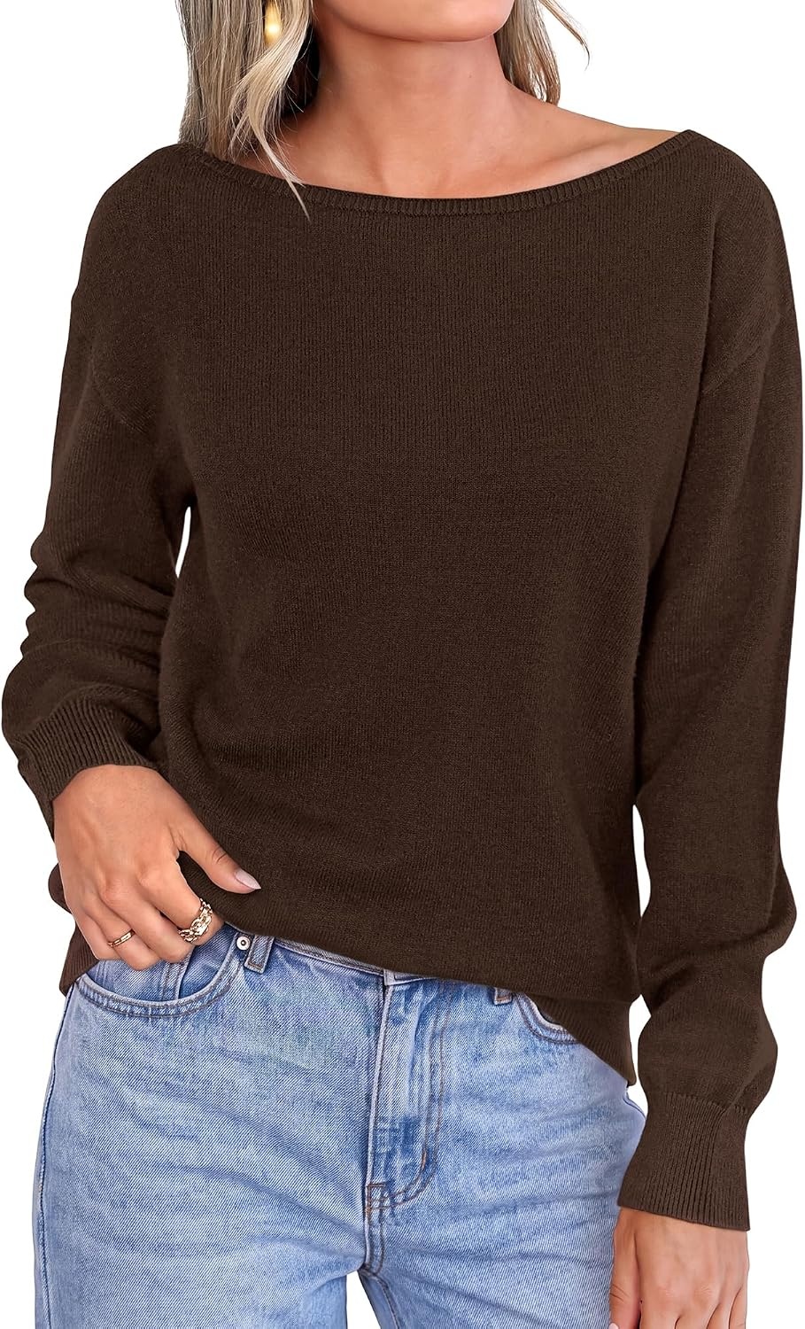image:imageBTFBM Off The Shoulder Sweater Lightweight Going Out TopBrown