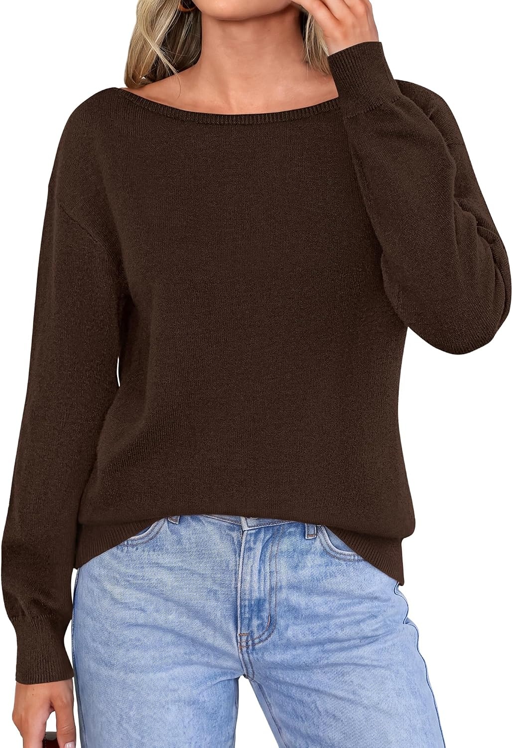 image:imageBTFBM Off The Shoulder Sweater Lightweight Going Out TopBrown