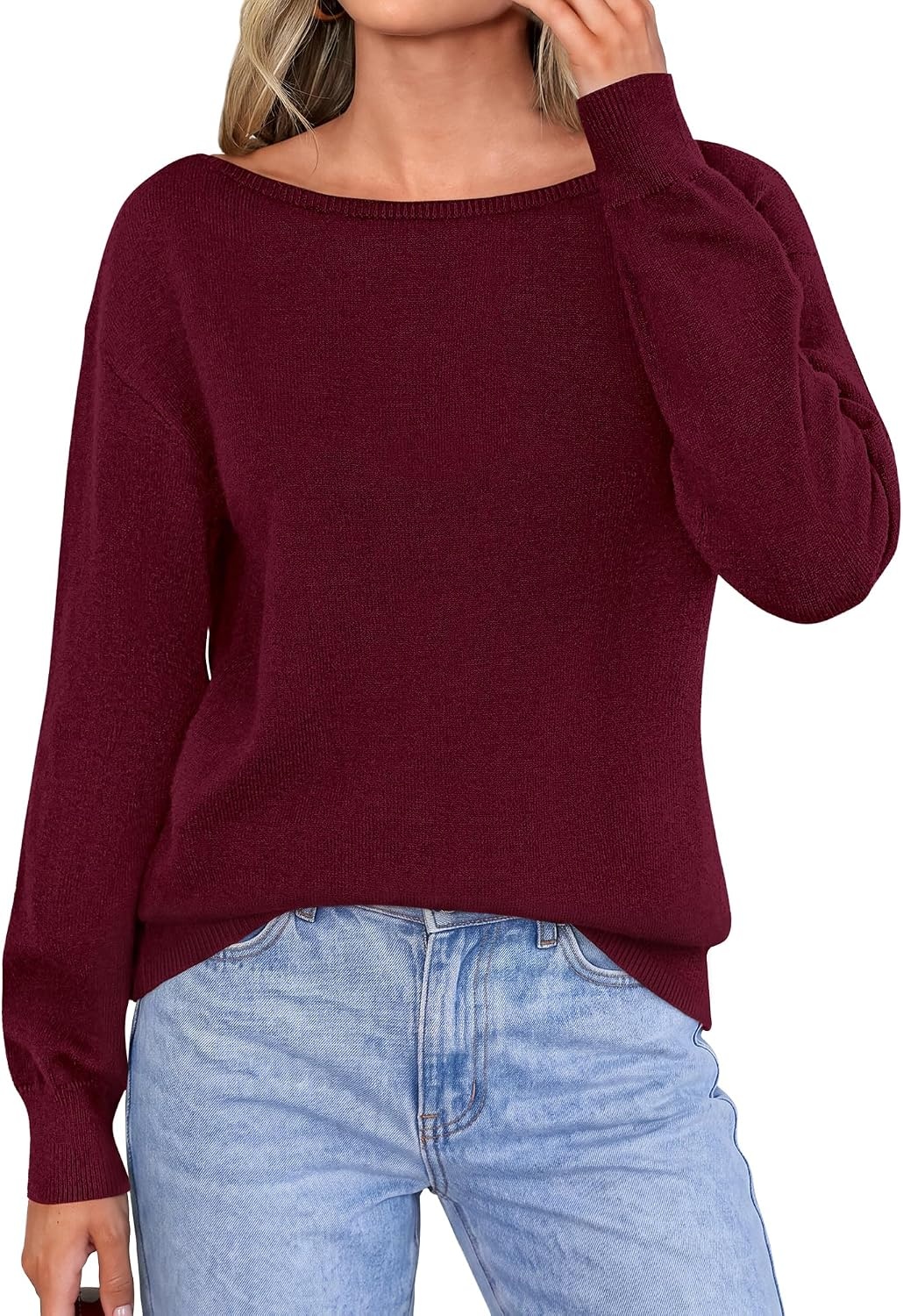 image:imageBTFBM Off The Shoulder Sweater Lightweight Going Out TopBurgundy
