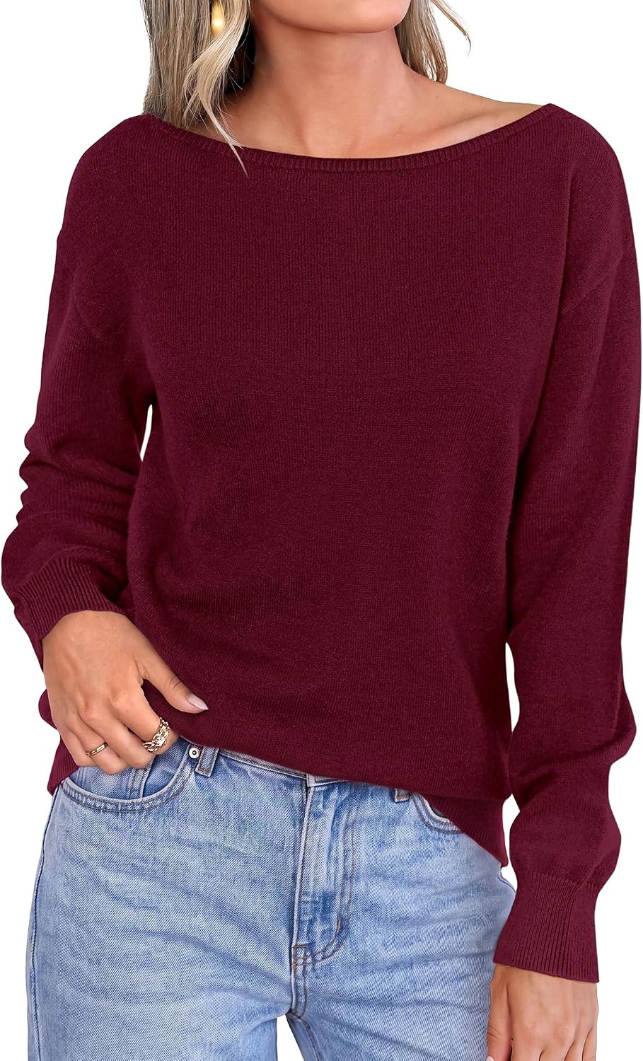 image:imageBTFBM Off The Shoulder Sweater Lightweight Going Out TopBurgundy