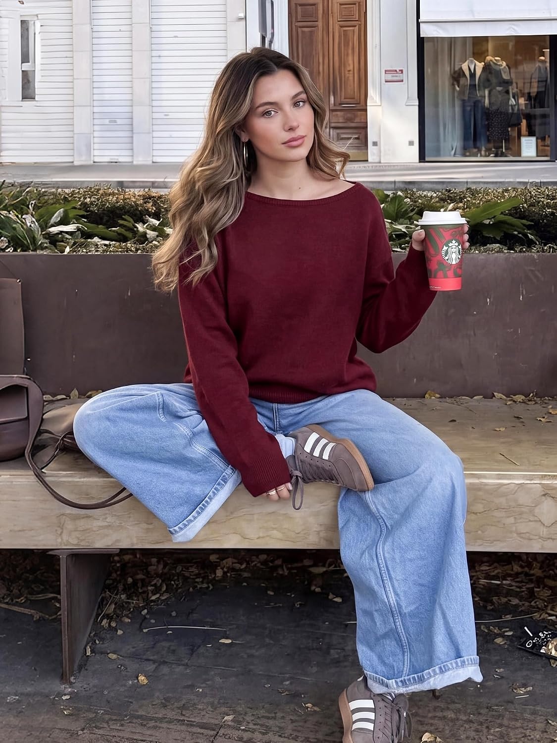 image:imageBTFBM Off The Shoulder Sweater Lightweight Going Out TopBurgundy